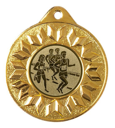 Medaillen Leipzig 50 mm PK79293g-E25 mit einem Relief von drei Läufern in Bewegung, umgeben von einem Sonnenstrahlenmuster mit einer Aufhängeschlaufe oben.